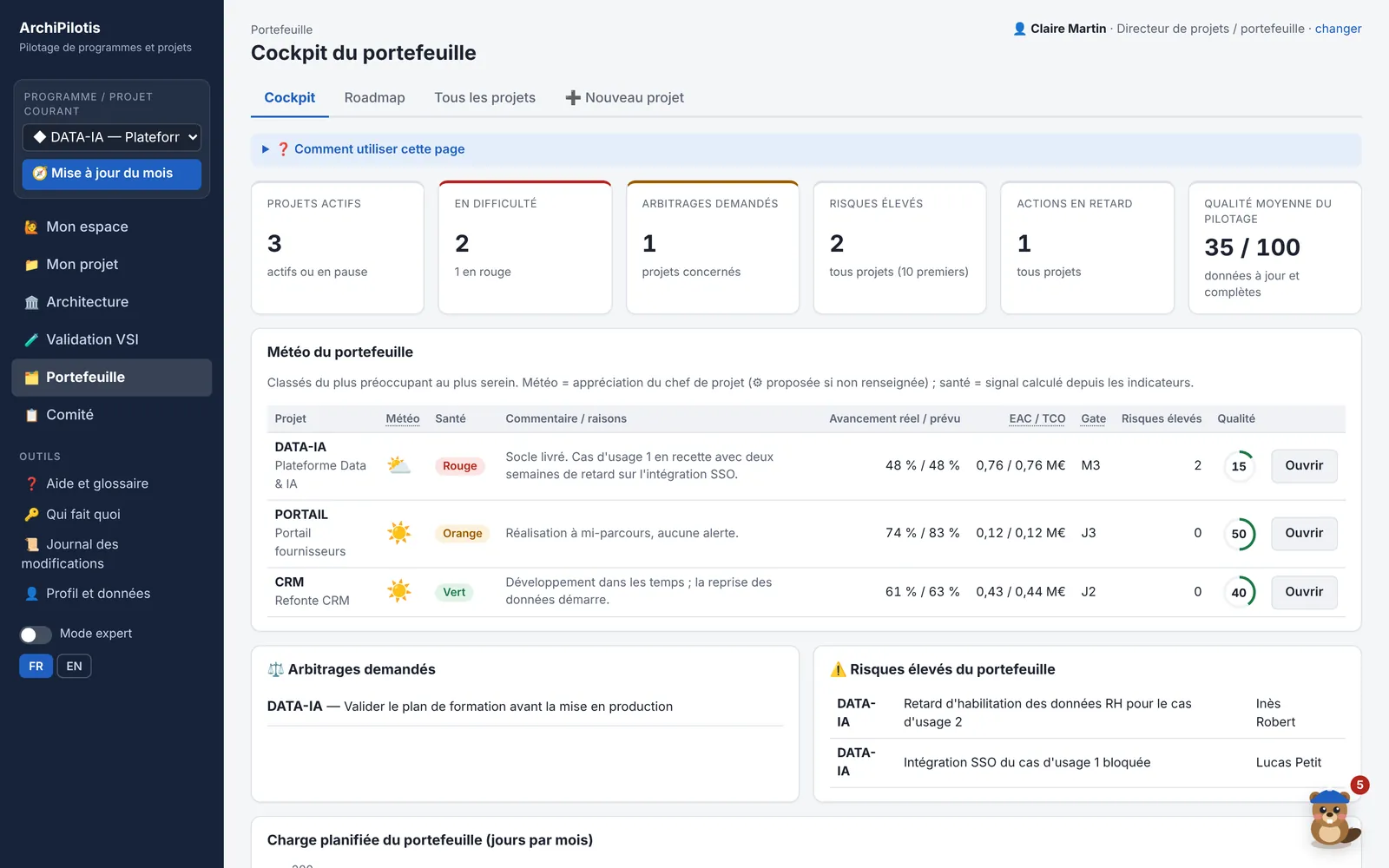 Cockpit du portefeuille : trois projets avec météo, santé, avancement, EAC, gate et score de qualité du pilotage