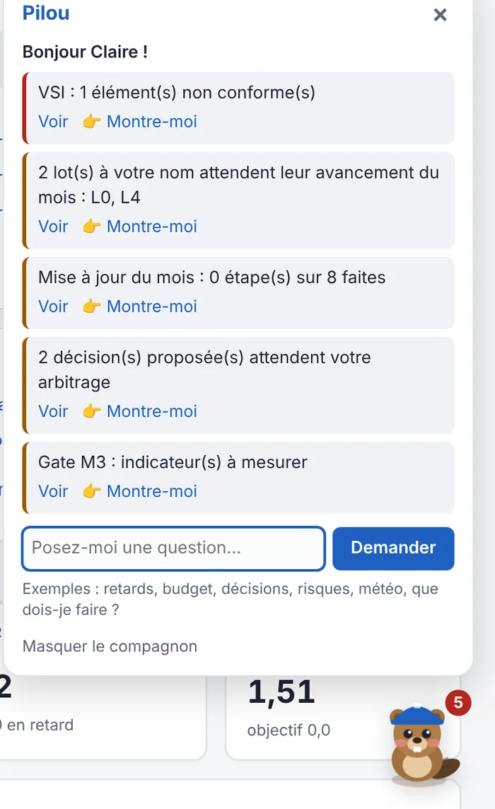 Panneau du compagnon Pilou : cinq points à traiter avec les liens Voir et Montre-moi