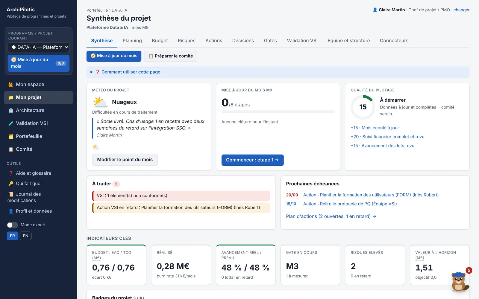 Synthèse du projet : météo, mise à jour du mois, qualité du pilotage, points à traiter