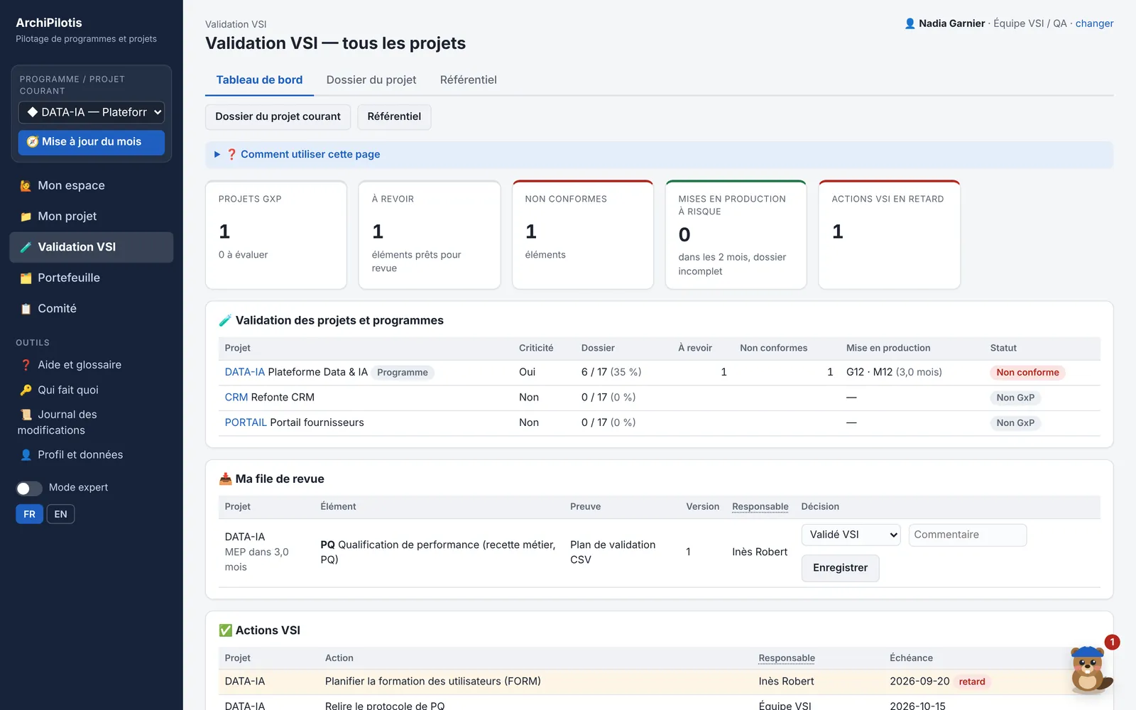 Validation VSI : projets GxP, éléments à revoir, non conformes, file de revue